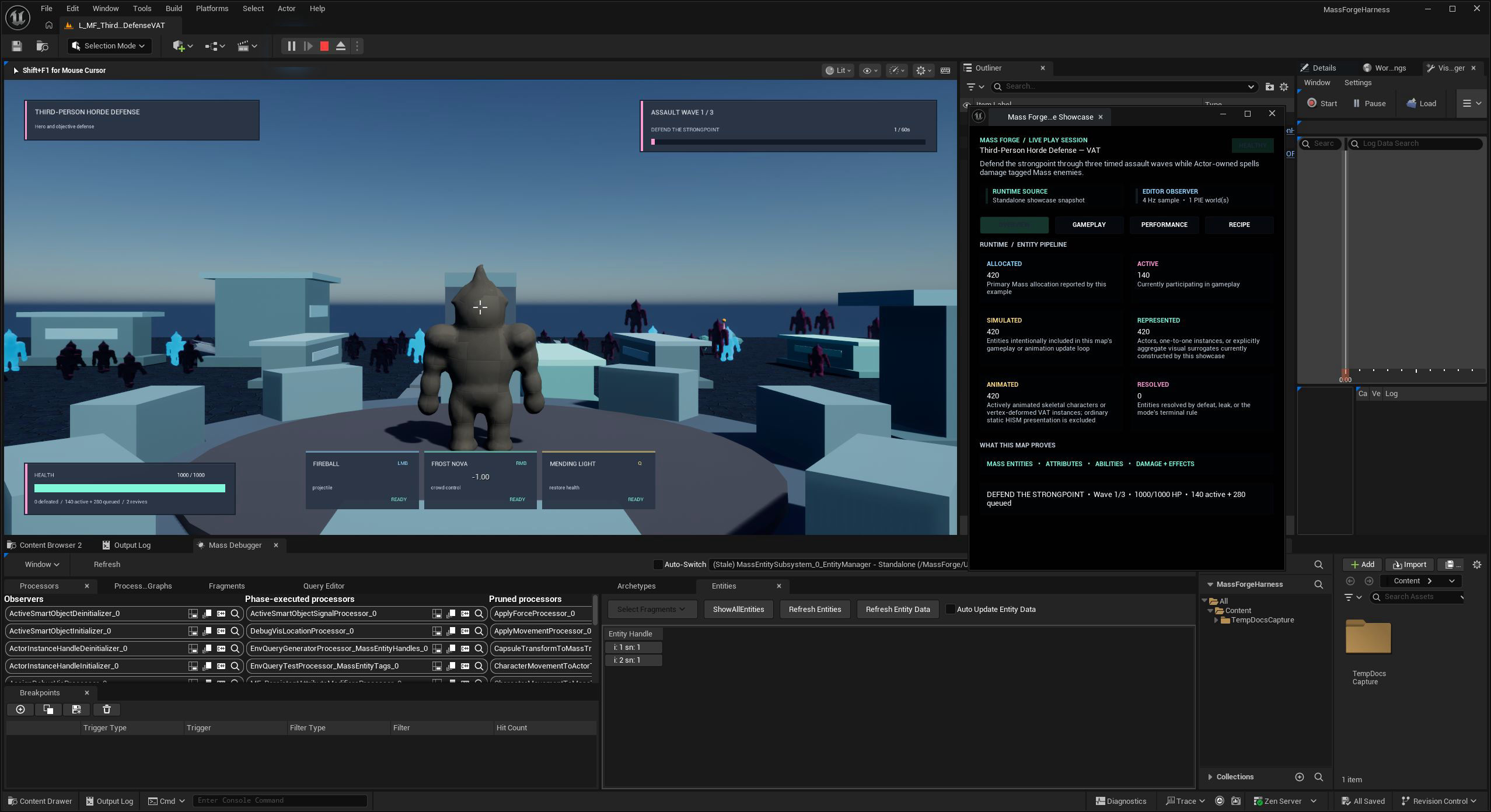 Live VAT Third-Person Horde Defense at Wave 1 and one second from the identical fixed default camera, with the editor monitor showing population layers